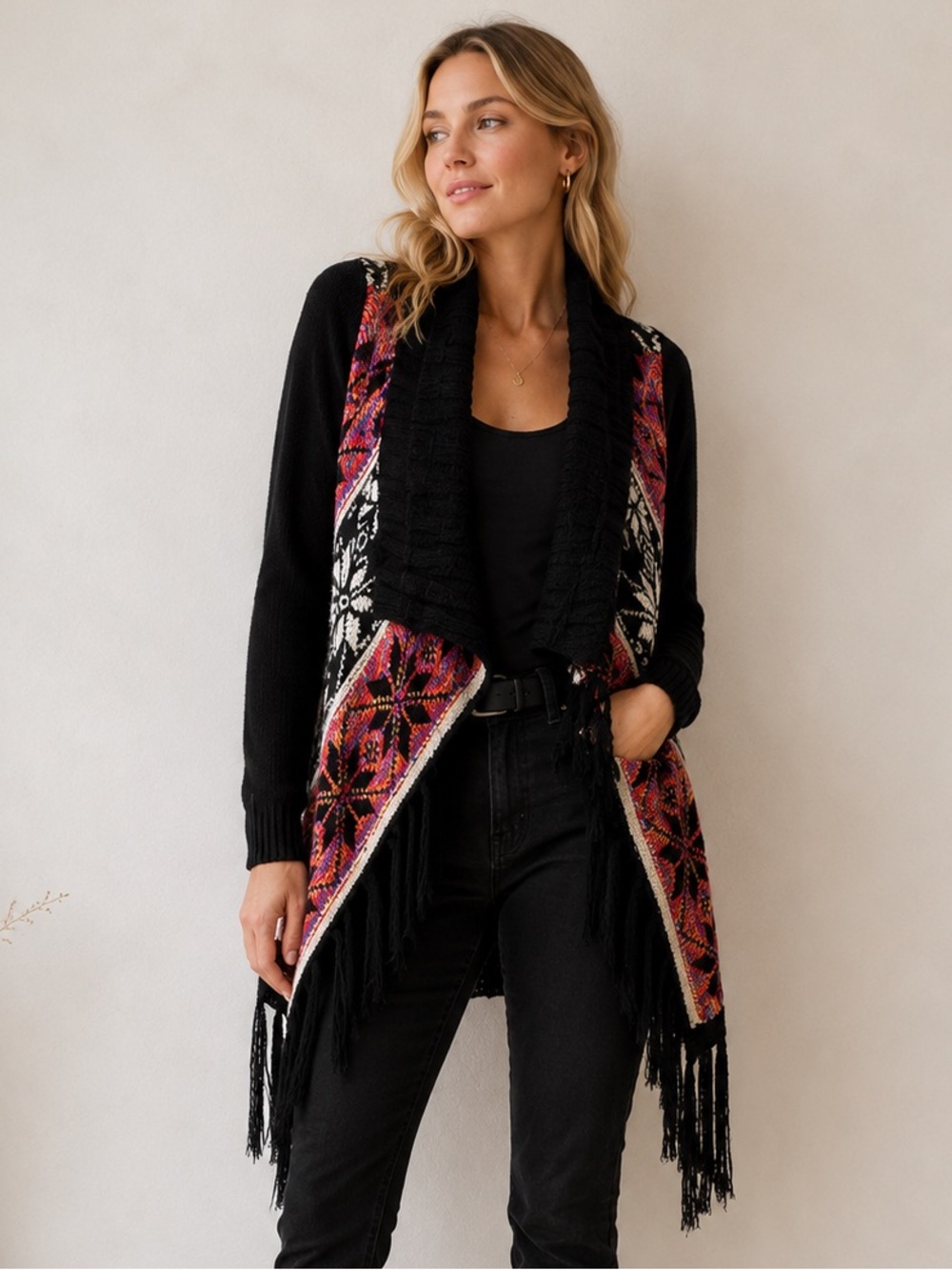 Desigual Fringed Southwestern Waterfall Cardigan Sweater Size S Boho Festival